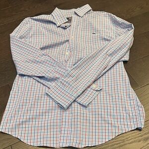 Vineyard Vines Men's Blue and Red Checkered Shirt